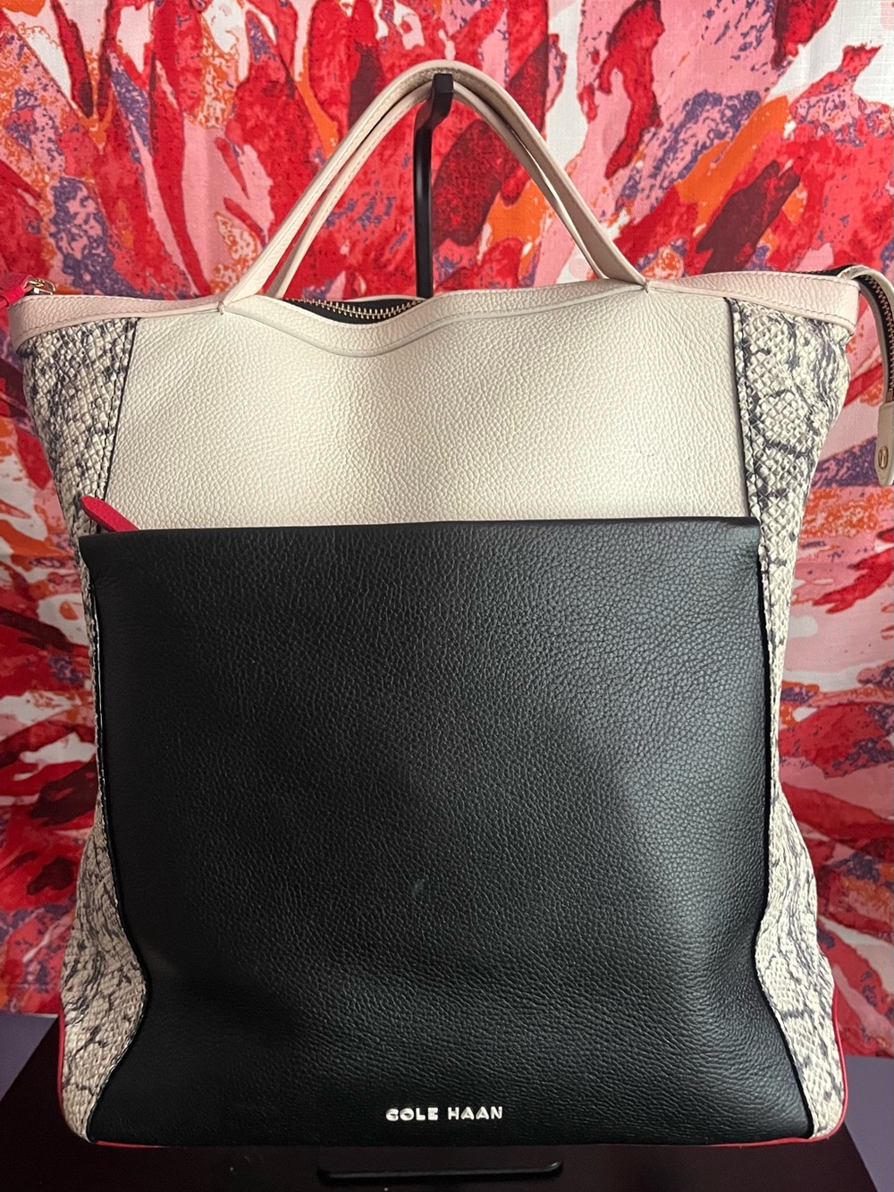 Cole Haan Black, Cream & Snake-Print Leather Tote